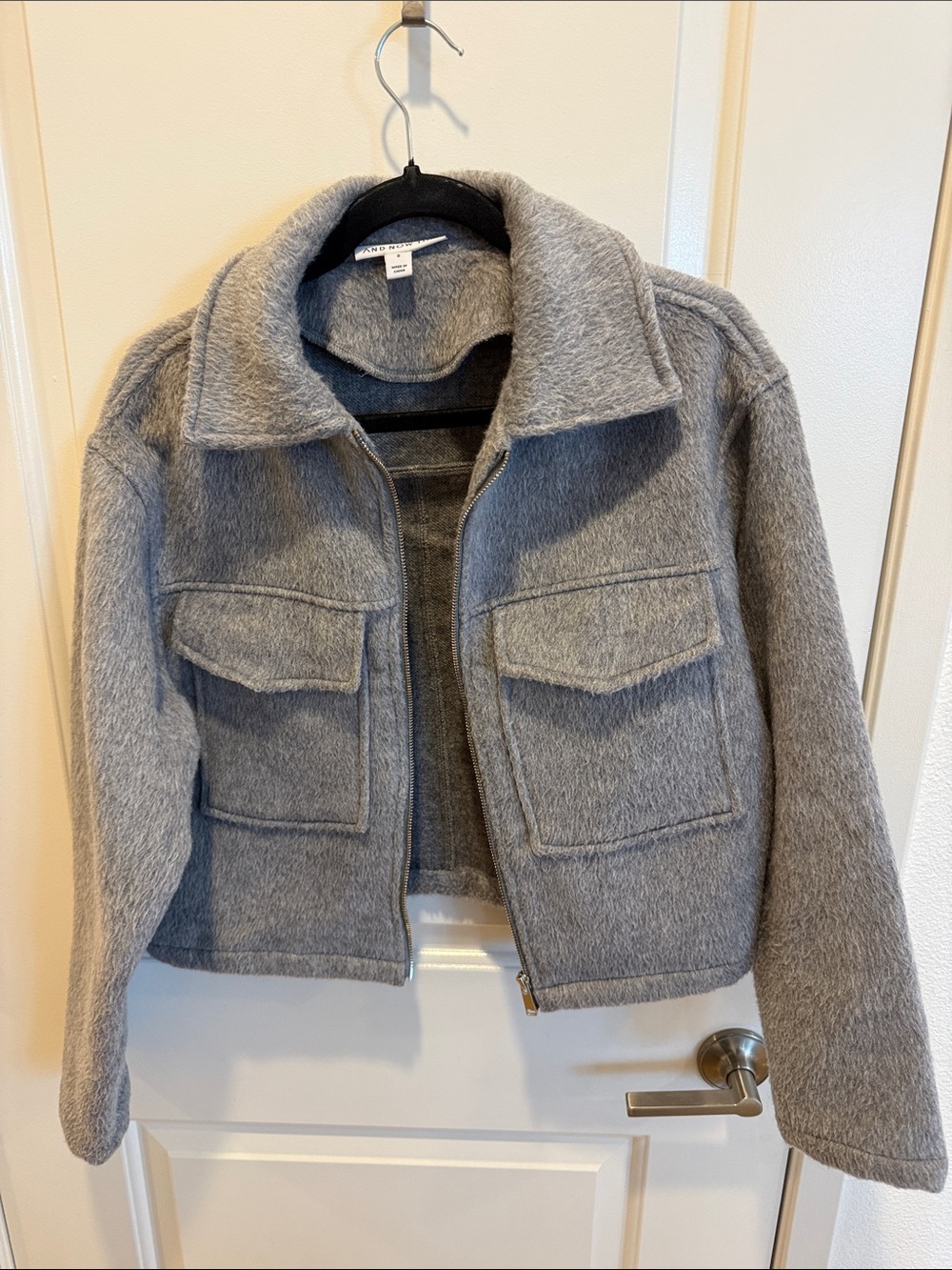 Grey Teddy Zip-Up Jacket with Chest Patch Pockets